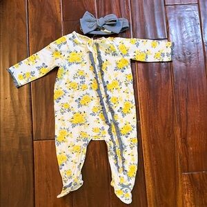Mud Pie Yellow Floral Footie With Dusty Blue Bow Headband